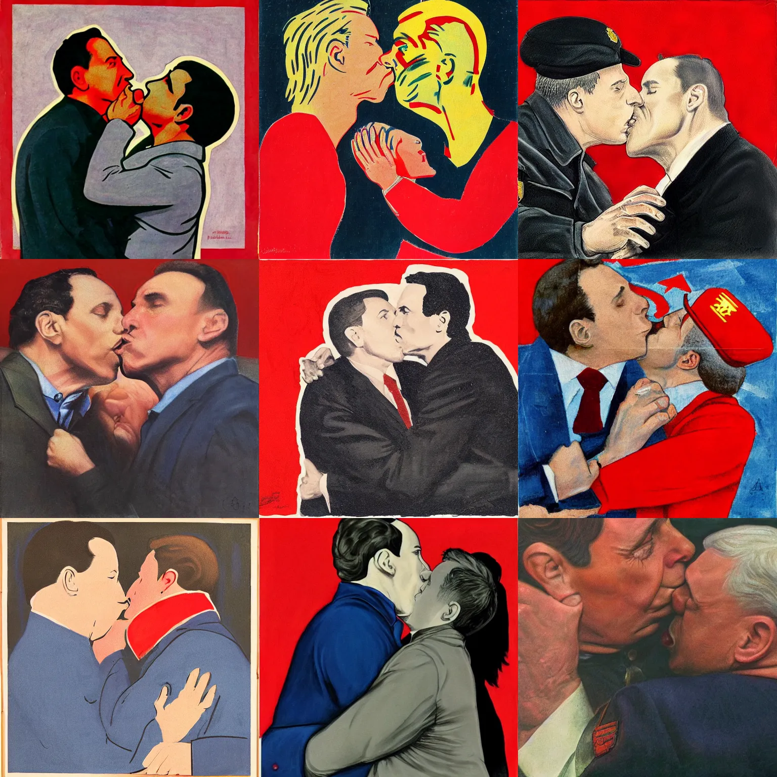 Prompt: al fraken and chris cuomo kissing, soviet art.