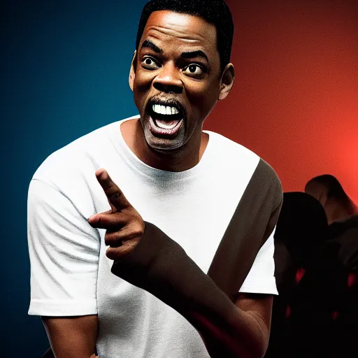 Image similar to chris rock is physically slapping will smith on his face, shadow harsh lights, dramatic scene, hyper detailed, digital art, trending in artstation, cinematic lighting, studio quality, smooth render, unreal engine 5 rendered, octane rendered, ligh rim