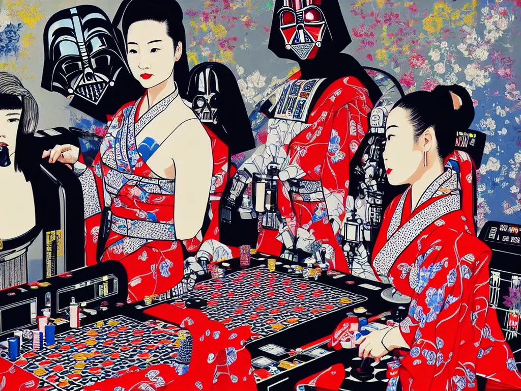 Prompt: hyperrealistic composition of the detailed woman in a japanese kimono with a c 3 p 0 robot head sitting at a extremely detailed poker table with darth vader, fireworks, mountain fuji on the background, pop - art style, jacky tsai style, andy warhol style, acrylic on canvas