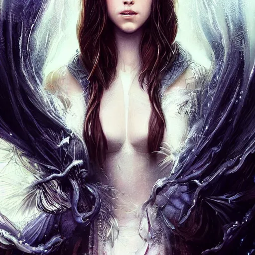 Image similar to a portrait of anna kendrick as a sorceress, urban motifs, intricate, elegant, highly detailed, digital painting, trending on artstation, concept art, smooth sharp focus, illustration, art by artgerm and greg rutkowski