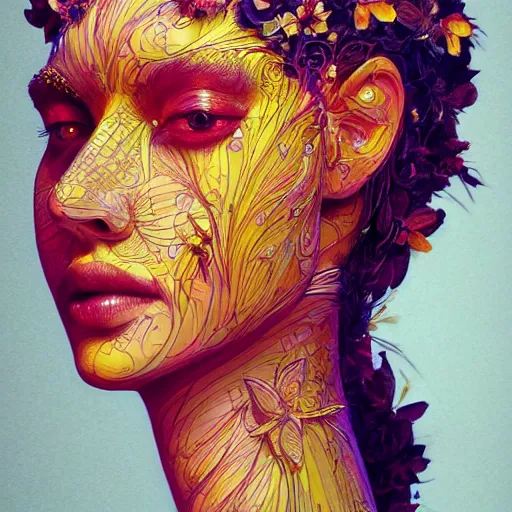 Image similar to the portrait of an absurdly beautiful, graceful, elegant young woman made of bananas and petals, an ultrafine detailed illustration by kim jung gi, irakli nadar, intricate linework, bright colors, final fantasy, angular, unreal engine 5 highly rendered, global illumination, radiant light, detailed and intricate environment