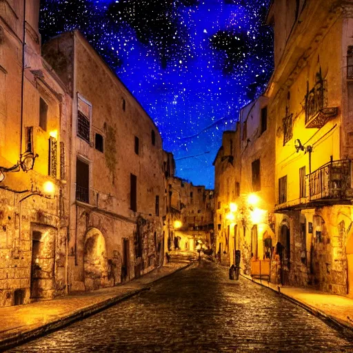 Prompt: romantic drawing of modica by night, old italian town, many city lights in the night, full moon, beautiful stars, deep under the sea, tropical fishes, amazing shadows, beautiful render, astounding details, high definition, pixar movie