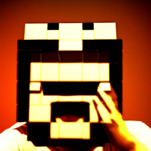 Prompt: photograph of a man with a MINECRAFT head screaming in pain, 8k resolution, high detail, ULTRA REALISTIC VFX, reflections