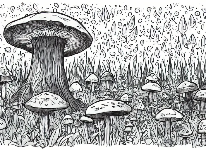 Prompt: illustration of a mushroom forest landscape, (inktober), line art, ((water color)), by Bill Waterson, By Jake Parker, by Brian Kesinger