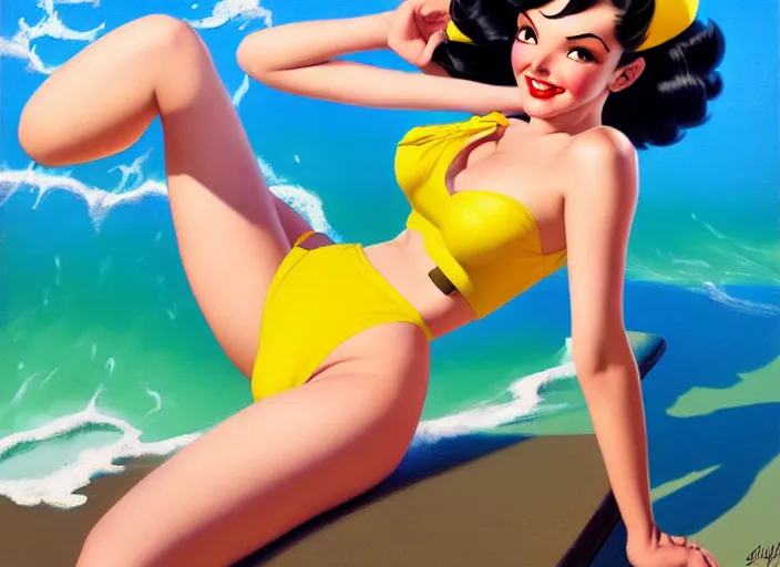 Image similar to the style of the artist gil elvgren, a girl with black hair, overwatch tracer, with a very beautiful symmetrical face, a smile on her face, tanned skin, in a yellow bikini, against the background of a sea beach, in art style, high detail, digital painting, hyperrealism
