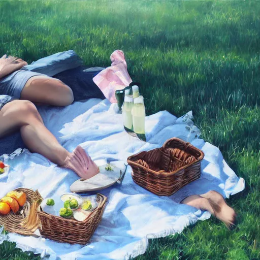 Prompt: a picnic, oil painting, high detail, 8 k, wide angle, trending on artstation,