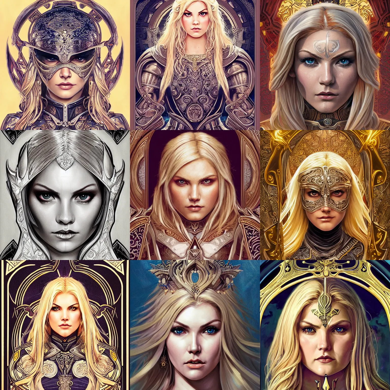 Prompt: head-on symmetrical centered painted portrait, Elisha Cuthbert as a paladin, blonde hair, ornate iron armour, art nouveau, tarot card style, fantasy, intricate, elegant, highly detailed, smooth, sharp focus, illustration, artstation, in the style of Artgerm and Anna Podedworna and Alex Ross and Mucha