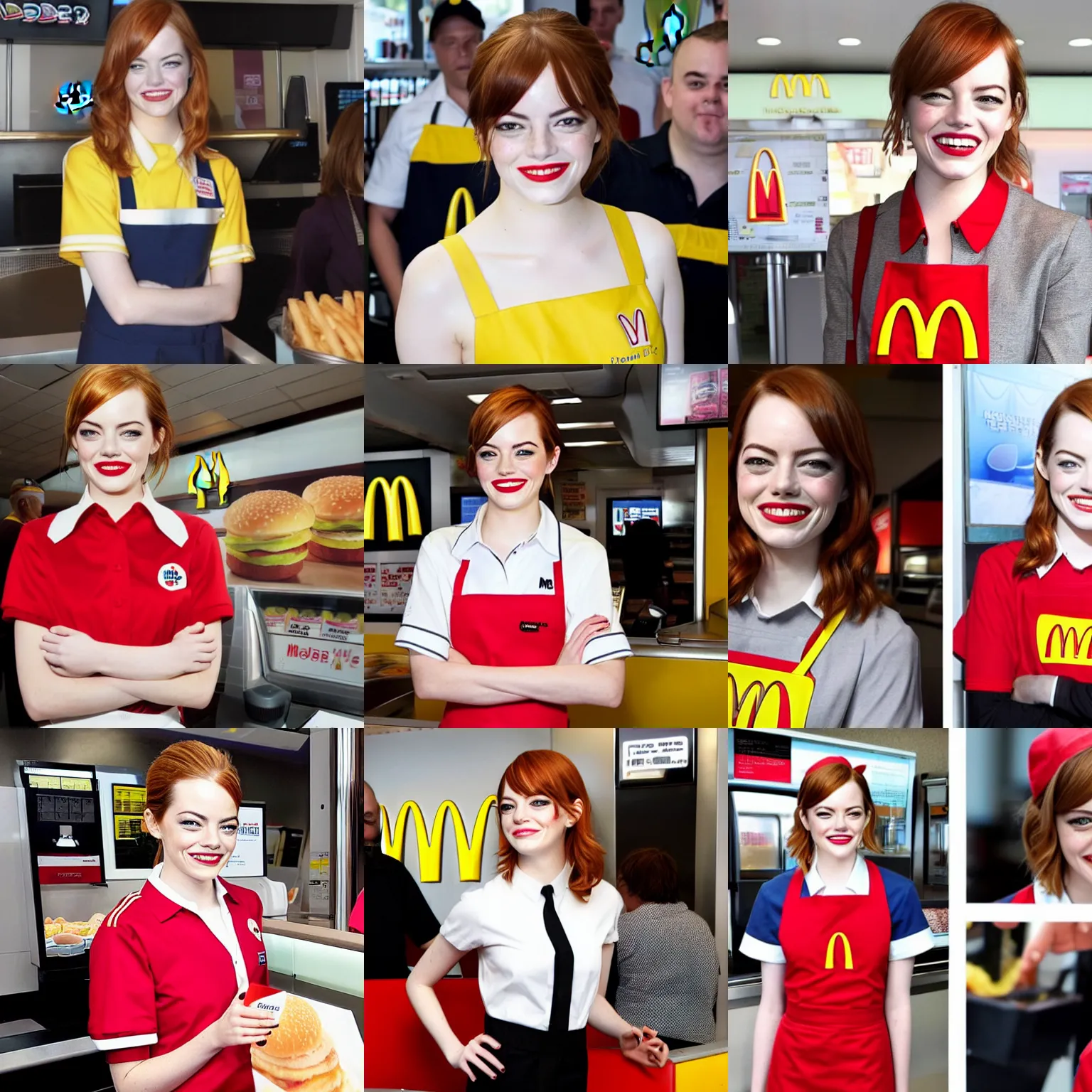 Prompt: emma stone works at mcdonalds, emma watson standing behind the counter at mcdonalds wearing a mcdonalds uniform, smiling greeting customers, promotional photo ( 2 0 1 5 ), press junket photo