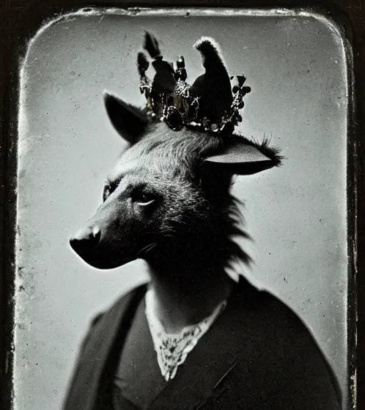 Image similar to professional studio photo portrait of anthro anthropomorphic spotted hyena head animal person fursona smug smiling wearing crown diadem elaborate pompous royal king robes clothes degraded medium by Louis Daguerre daguerreotype tintype