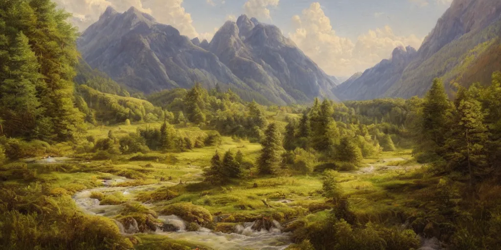 Image similar to a beautiful landscape painting of a mountainous valley with patches of woodland, by antony bridge, oil on canvas, highly detailed, hd, 4 k