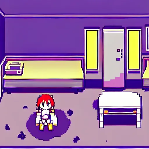 Prompt: rpg maker style bedroom, rpg game style, no characters, warm yellow lighting, omori, corpse party, to the moon, pokemon