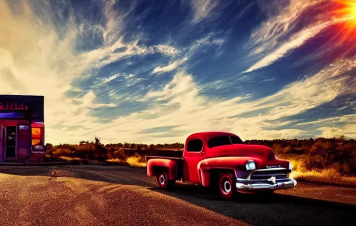 Image similar to A beautiful colorful evening scene of route66, 1950’s old road with abandoned gas station and rusty old pickup truck in the back, hyper realistic, softlight, blinding backlight evening sun, sparkling sun rays, epic scene, intense setting, evening vibe