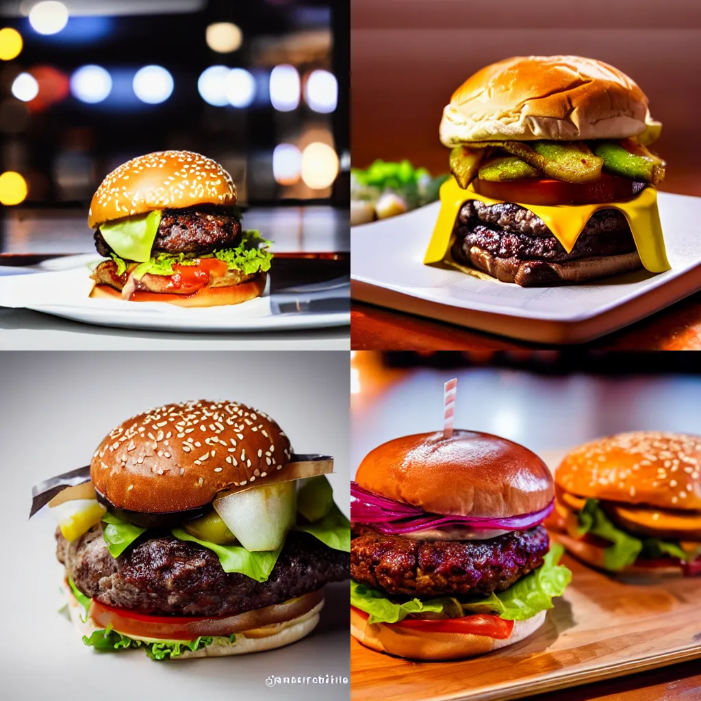 Prompt: A delicious burger, Michelin Star, food photography, warm lighting