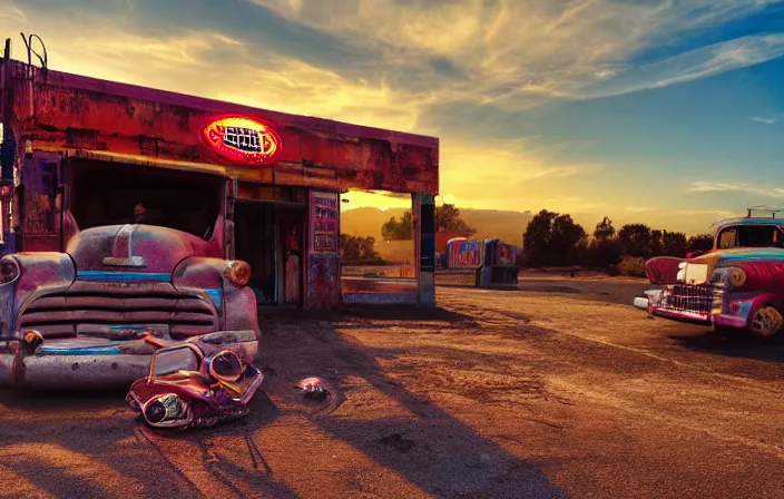 Image similar to a sunset light landscape with historical route 6 6, lots of sparkling details and sun ray ’ s, blinding backlight, smoke, volumetric lighting, colorful, octane, 3 5 mm, abandoned gas station, old rusty pickup - truck, beautiful epic colored reflections, very colorful heavenly, softlight