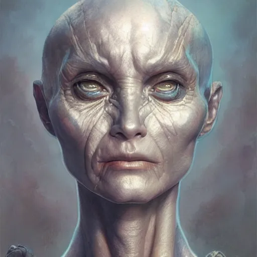 Image similar to portrait painting of a grey alien, ultra realistic, concept art, intricate details, eerie, highly detailed, photorealistic, octane render, 8 k, unreal engine. art by artgerm and greg rutkowski and alphonse mucha