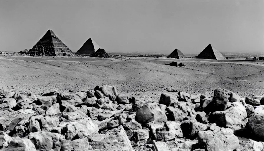 Image similar to aliens lift up big rocks in the foreground. the pyramids are halfway built in the background. archive photo