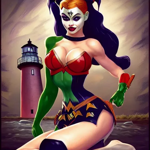Image similar to perfectly-centered-full-shot photo of Harley Quinn with Poison Ivy & Wonder Woman Pinup Girl Poster, looking out towards a lighthouse, big bust, intricate, elegant, super highly detailed, professional digital painting, artstation, concept art, smooth, sharp focus, no blur, no dof, extreme illustration, Unreal Engine 5, 8K, art by artgerm and greg rutkowski and alphonse mucha and loish and WLOP