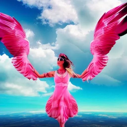 Prompt: goddess wearing a flamingo fashion on the clouds, photoshop, colossal, creative, giant, digital art, photo manipulation, clouds, sky view from the airplane window, covered in clouds, girl clouds, on clouds, covered by clouds