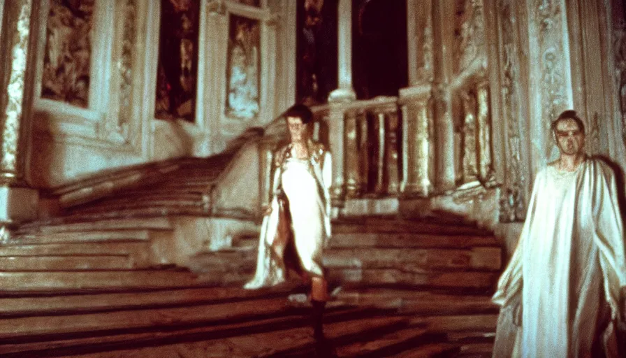 Prompt: movie still by tarkovsky of caligula knifed to death by senators on huge stairs, cinestill 8 0 0 t 3 5 mm, high quality, heavy grain, high detail, dramatic light, ultra wide lens, anamorphic