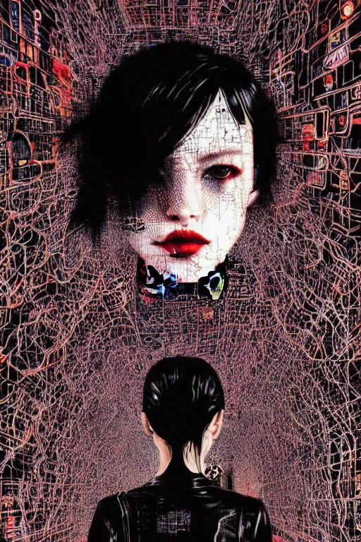 Image similar to dreamy cyberpunk girl, abstract black leather, digital nodes, beautiful woman, detailed acrylic, grunge, intricate complexity, by dan mumford and by chiharu shiota, peter lindbergh