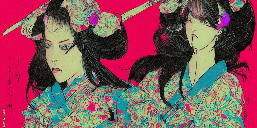 Image similar to a close - up grainy, risograph drawing, hyper light drigter, neon colors, a big porcelain glossy geisha head, with long hair, floating above the sharp peaks weapons, style by moebius and kim jung gi