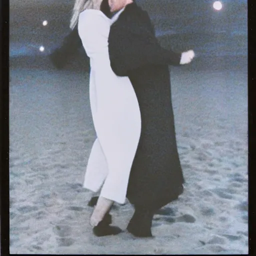 Image similar to 9 0 s polaroid photograph of a man and woman both wearing trenchcoats at night, dancing together on a beach during cloudy weather, vignette