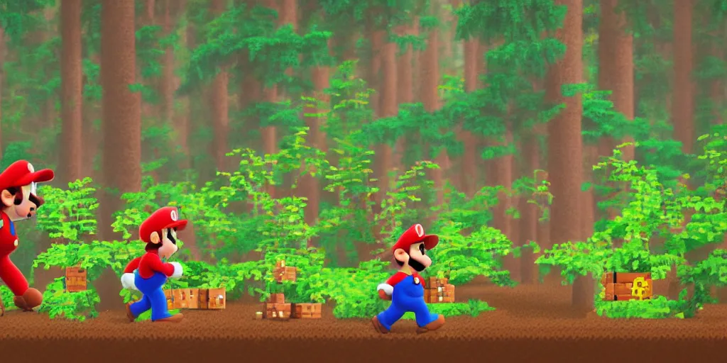 Image similar to a picture of mario from super mario bros wanlking in the forest pixelart style ultra realistic, highly detailed, sharp focus, cinematic lighting, mood lighting, realistic, vivid colors, painting, photorealistic, digital art, non blurry, sharp, smooth, illustration, 4 k, artstation,