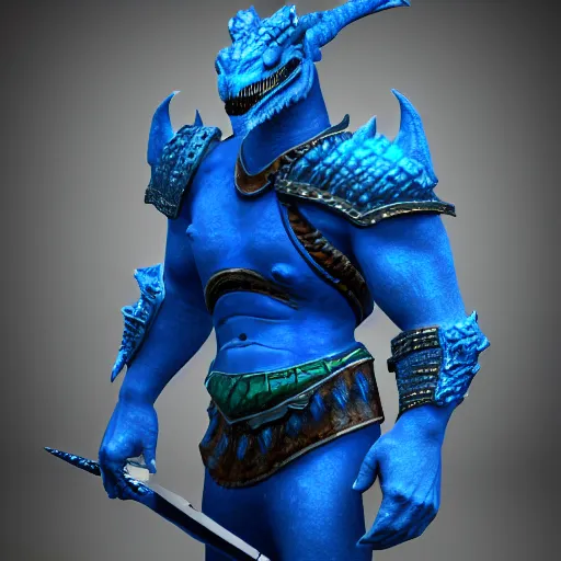 Image similar to Dragonborn with blue scales, trending on artstation