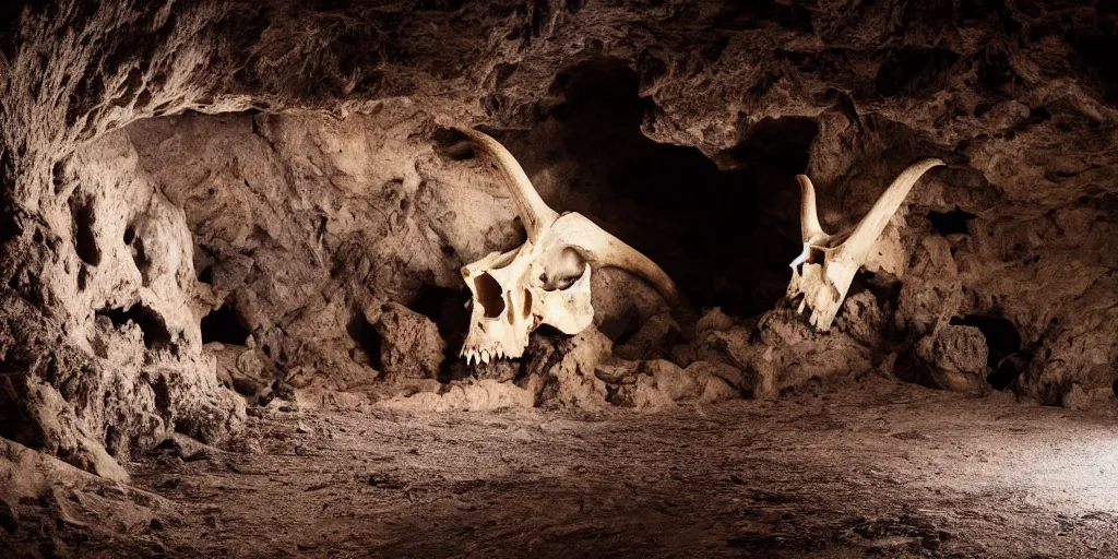 Prompt: A colossal goat skull in a giant cave, dramatic lighting, 8k