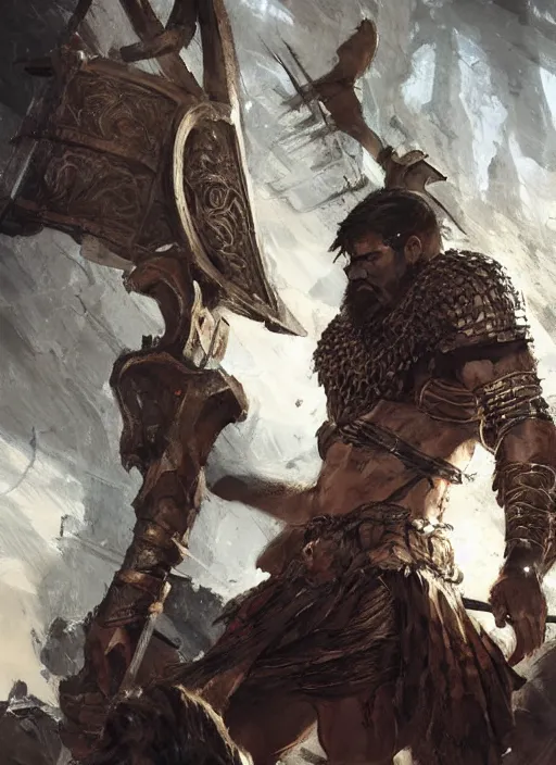 Image similar to ancient historically accurate depiction of the Bible Character Goliath of Gath, the Philistine warrior giant in ancient persian chainmail armor, dramatic lighting art by Yoji Shinkawa by Richard Schmid by greg rutkowski by Sandra Chevrier by Jeremy Lipking cinematic dramatic