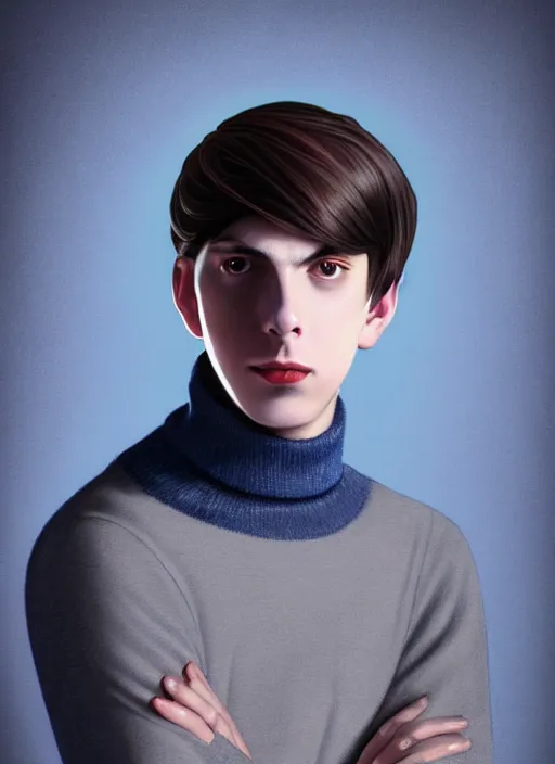 Image similar to portrait of teenage jughead jones wearing a light grey crown, crown, blue turtleneck, 1 9 5 0 s, closed eyes, photorealistic, black hair, glowing lighting, intricate, elegant, glowing lights, highly detailed, digital painting, artstation, concept art, smooth, sharp focus, illustration, art by wlop, mars ravelo and greg rutkowski