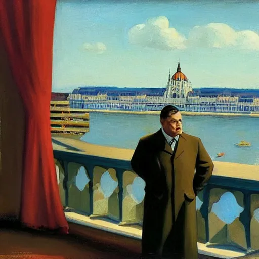 Image similar to leader of fascist hungary, viktor orban, overseeing the war torn city on the bank of danube river in budapest during the siege 2 0 2 2, by edward hopper