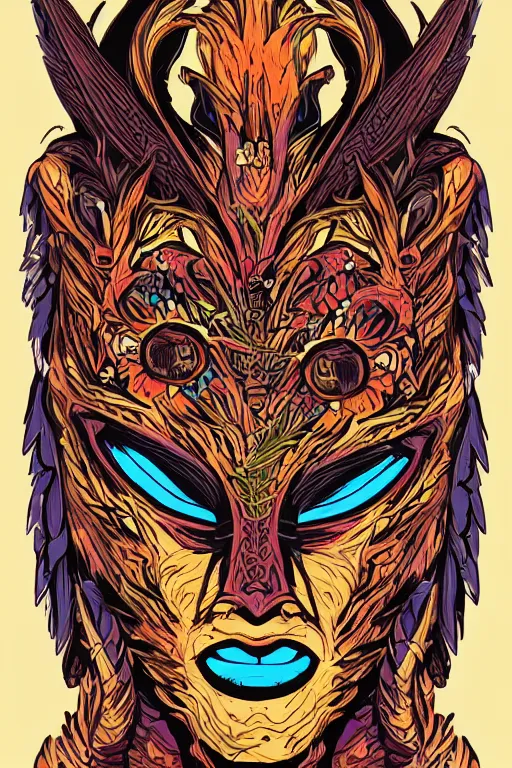 Image similar to animal mask totem roots flower tribal feather gemstone plant wood rock shaman vodoo video game vector cutout illustration vivid multicolor borderlands comics by josan gonzales and dan mumford radiating a glowing aura