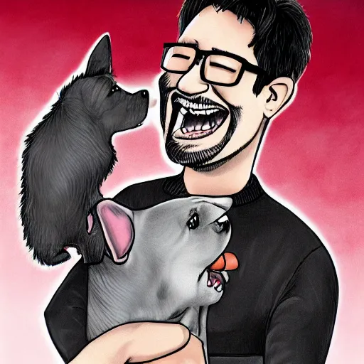 Image similar to a caricature of Markiplier laughing happily as he pets his dog, caricature art style.