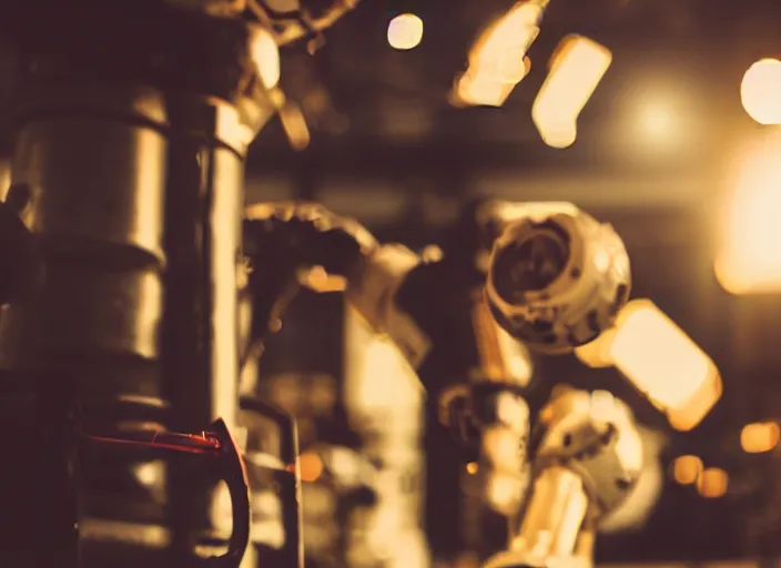 Prompt: a 3 5 mm photo of a robot in a factory, bokeh, canon 5 0 mm, cinematic lighting, film, photography, golden hour, depth of field, award - winning