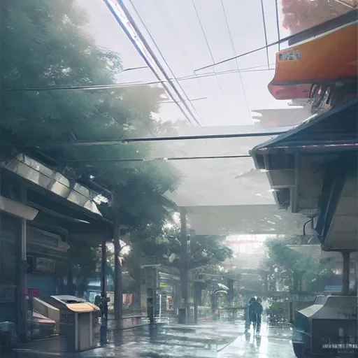 Prompt: i walked through streets around jr tachikawa and tama monorail stations, volumetric lighting, spring early morning, dew, nice weather, realistic illustration, perfectly shaded, soft painting, art by krenz cushart and wenjun lin