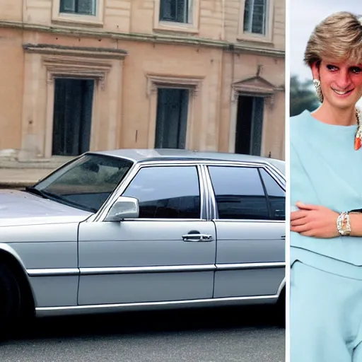 Prompt: selfie of princess Diana next to silver Mercedes-Benz W140, photograph, image, 4k HDR, trending on artstation,