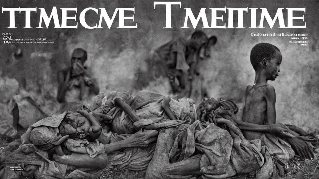 Prompt: 1 9 8 4 ethiopian famine and drought, dark, moody, in the cover of time magazine, 8 k