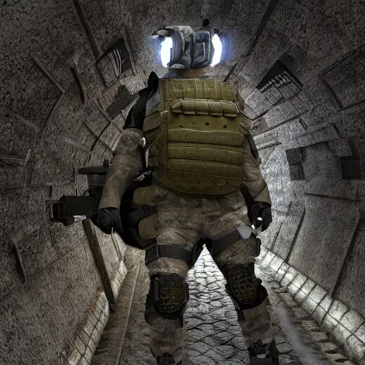 Prompt: photo, an ultra - tactical combat army schnauzer in futuristic battle armor with bandoliers and ammo pouches and boots and goggles, inside a rocky alien tunnel, volumetric lighting, ultradetailed