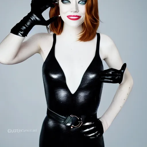 Prompt: Fully-clothed full-body portrait of Emma Stone as catwoman, XF IQ4, 55mm, studio lighting