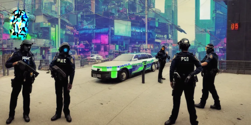 Prompt: in the grim cyberpunk neon future the apple inc police stop a pedestrian and check for DRM compliance, dystopian, urban