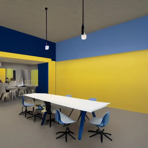 Image similar to interior design of a co - working space, yellow and blue color scheme, photorealist, 8 k