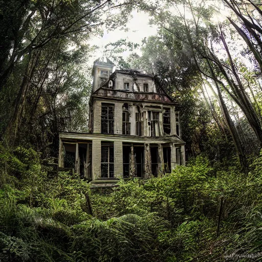 Image similar to abandoned victorian mansion, cobwebs, haunted, nestled into a clearing in a forest, light shining through the foliage