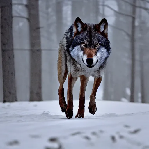 Prompt: Wolf running through snow, XF IQ4, 150MP, 50mm, f/1.4, ISO 200, 1/160s, natural light, Adobe Photoshop, Adobe Lightroom, DxO Photolab, Corel PaintShop Pro, rule of thirds, symmetrical balance, depth layering, polarizing filter, Sense of Depth, AI enhanced