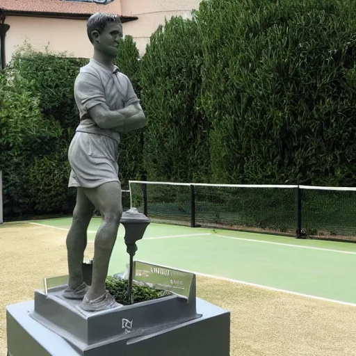 Image similar to a statue of a sad novak dijokovic on the tennis court