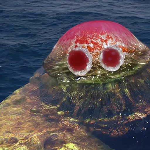 Prompt: a giant squashed jelly head in the middle of the ocean with a disturbing and funny profile at the same time