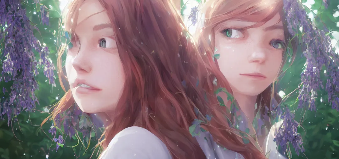 Image similar to a beautiful southern woman named Savannah, innocent, somber turquoise eyes, freckles, long ginger hair tied with white ribbon, sad under a wisteria plant, gentle lighting, storm in the distance, simple dress, digital art by Makoto Shinkai ilya kuvshinov and Wojtek Fus, digital art, concept art,