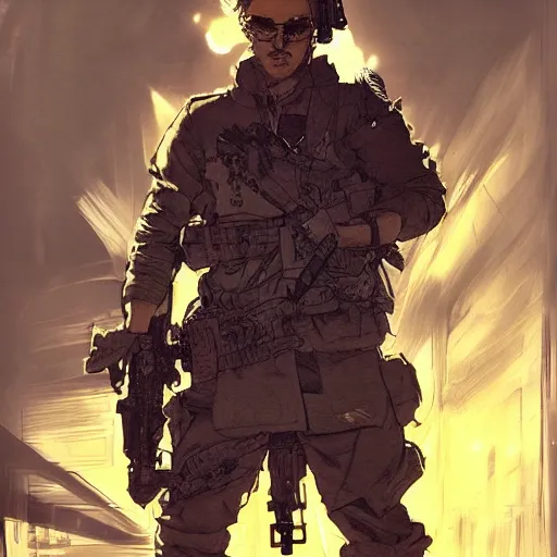 Image similar to portrait of a hero holding his weapon in front of his face by yoji shinkawa, high quality, extra details, realism, ornate, colored, golden chain, blood, white skin, short hair, brown eyes, vivid, sunlight, dynamic, american man, freedom, white american soldier, painting