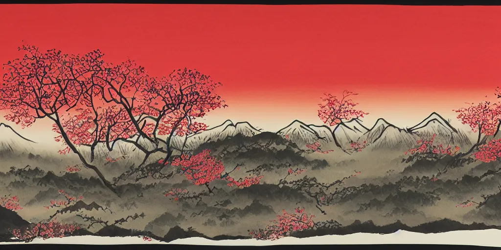 Prompt: jappanese ink painting of a blooming cherry blossom forest with mountains in the background and a deep red sun, colorful, detailed