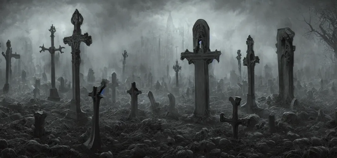 Image similar to A dark and haunted graveyard with ghost and zombies in the style of Keith Thompson, christopher bretz and kael ngu and Zdzislaw Beksinski, Artstation HD, 8k, Surrealistic digital artwork, highly detailed, digital painting, HDRI, vivid colors, high contrast, 8k resolution, intricate, photorealistic, smooth